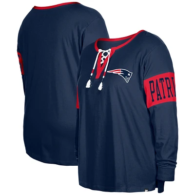 Women's New Era Navy England Patriots Plus Lace-Up Notch Neck Long Sleeve T-Shirt