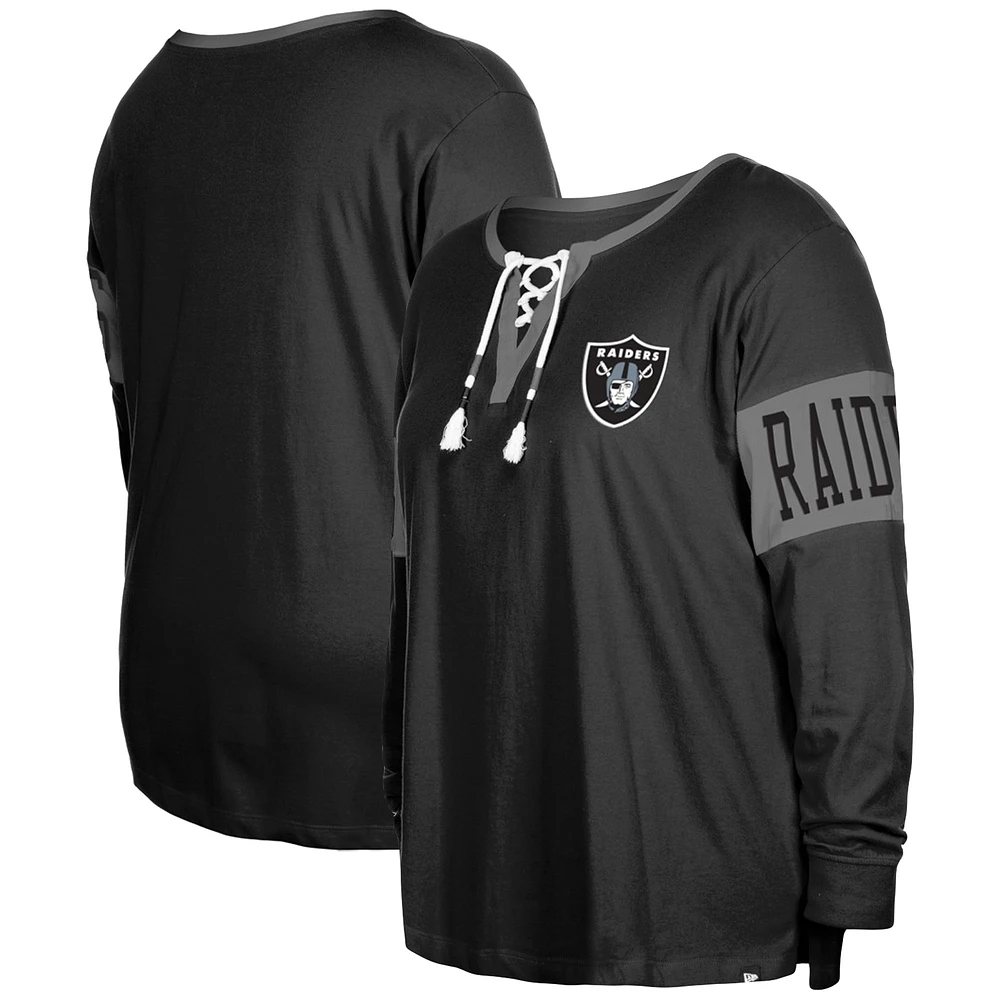 Women's New Era Black Las Vegas Raiders Plus Lace-Up Notch Neck Long Sleeve T-Shirt