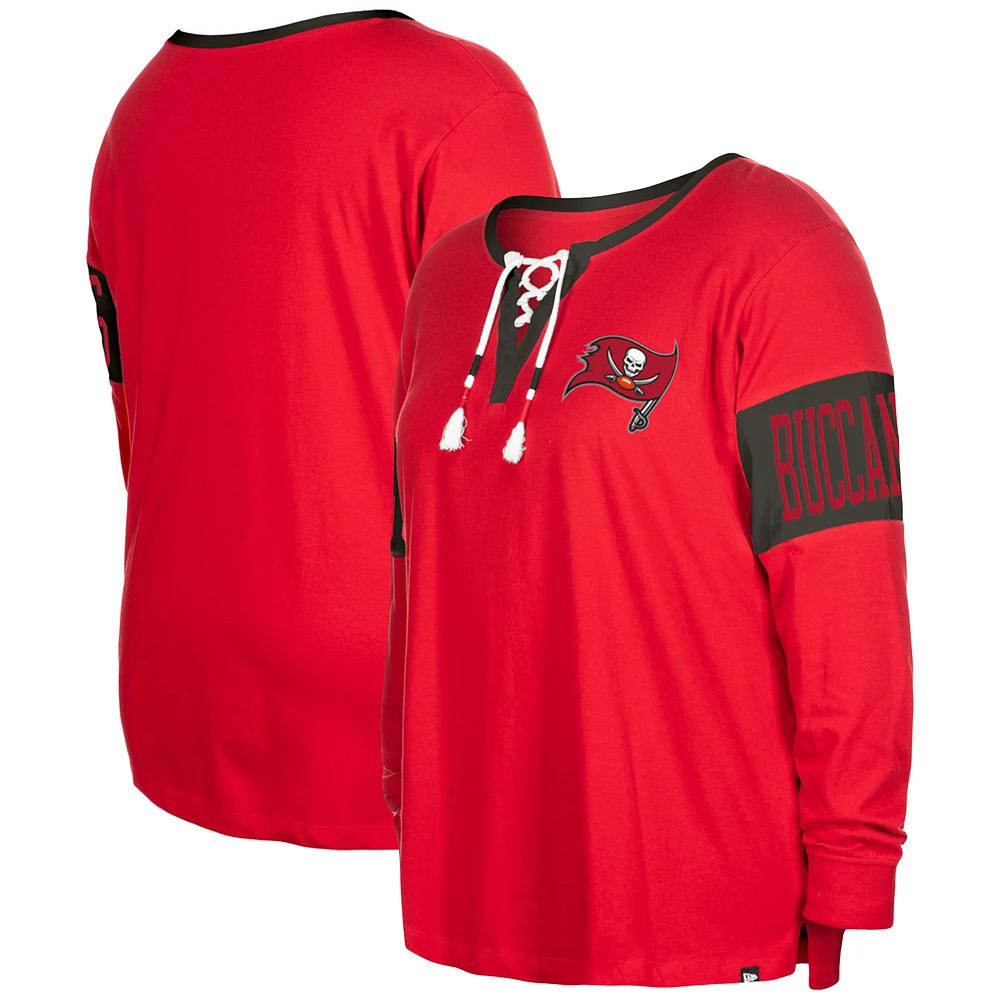 Women's New Era Red Tampa Bay Buccaneers Plus Lace-Up Notch Neck Long Sleeve T-Shirt