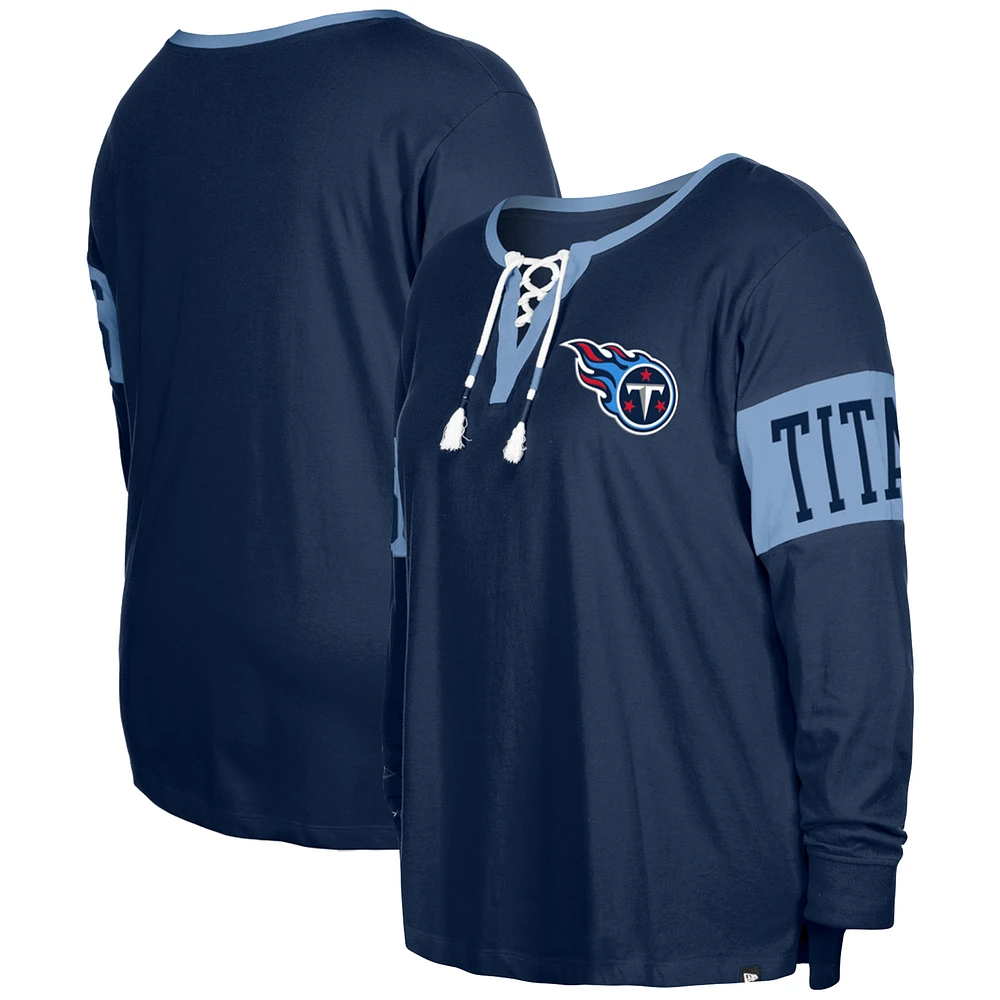 Women's New Era Navy Tennessee Titans Plus Lace-Up Notch Neck Long Sleeve T-Shirt