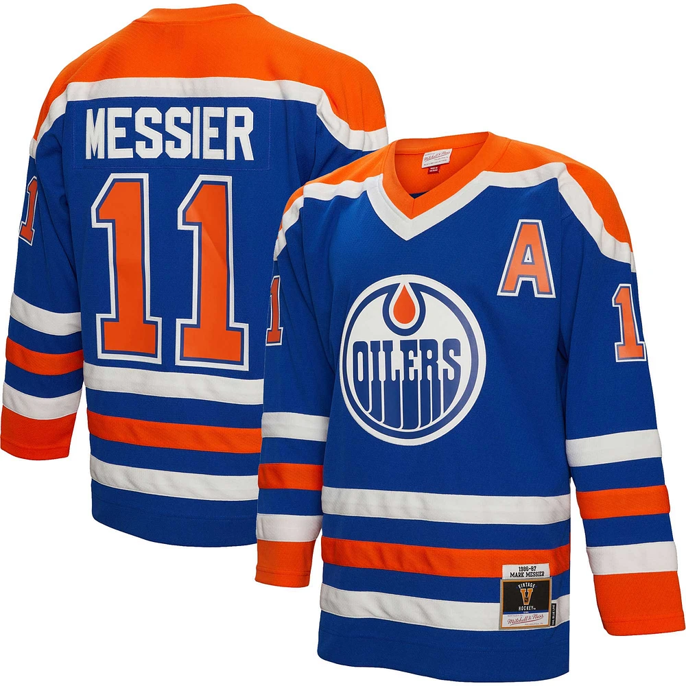 Men's Mitchell & Ness Mark Messier Royal Edmonton Oilers Alternate Captain Patch 1986/87 Blue Line Player Jersey