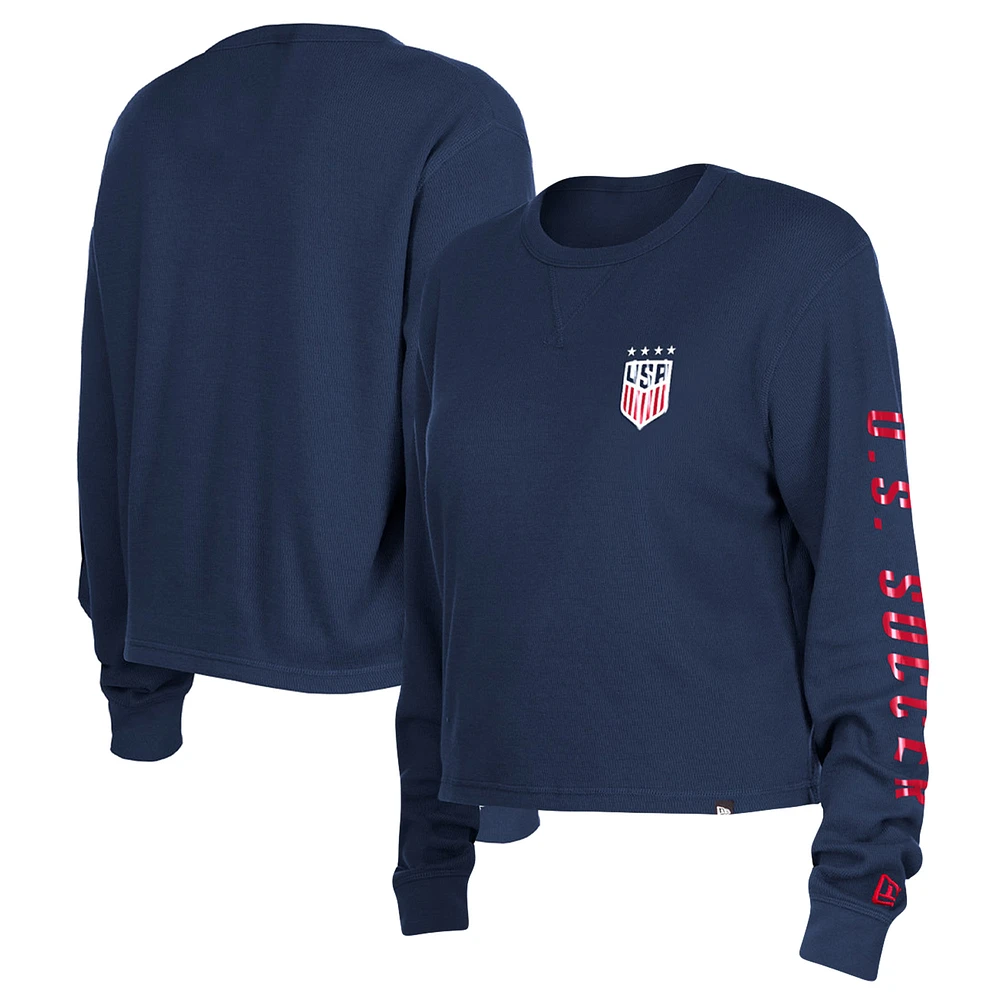 Women's 5th & Ocean by New Era Navy USWNT Athleisure Thermal Cropped Long Sleeve T-Shirt