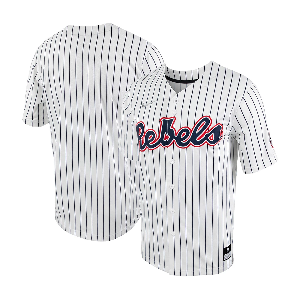 Men's Nike White/Navy Ole Miss Rebels Pinstripe Replica Full-Button Baseball Jersey