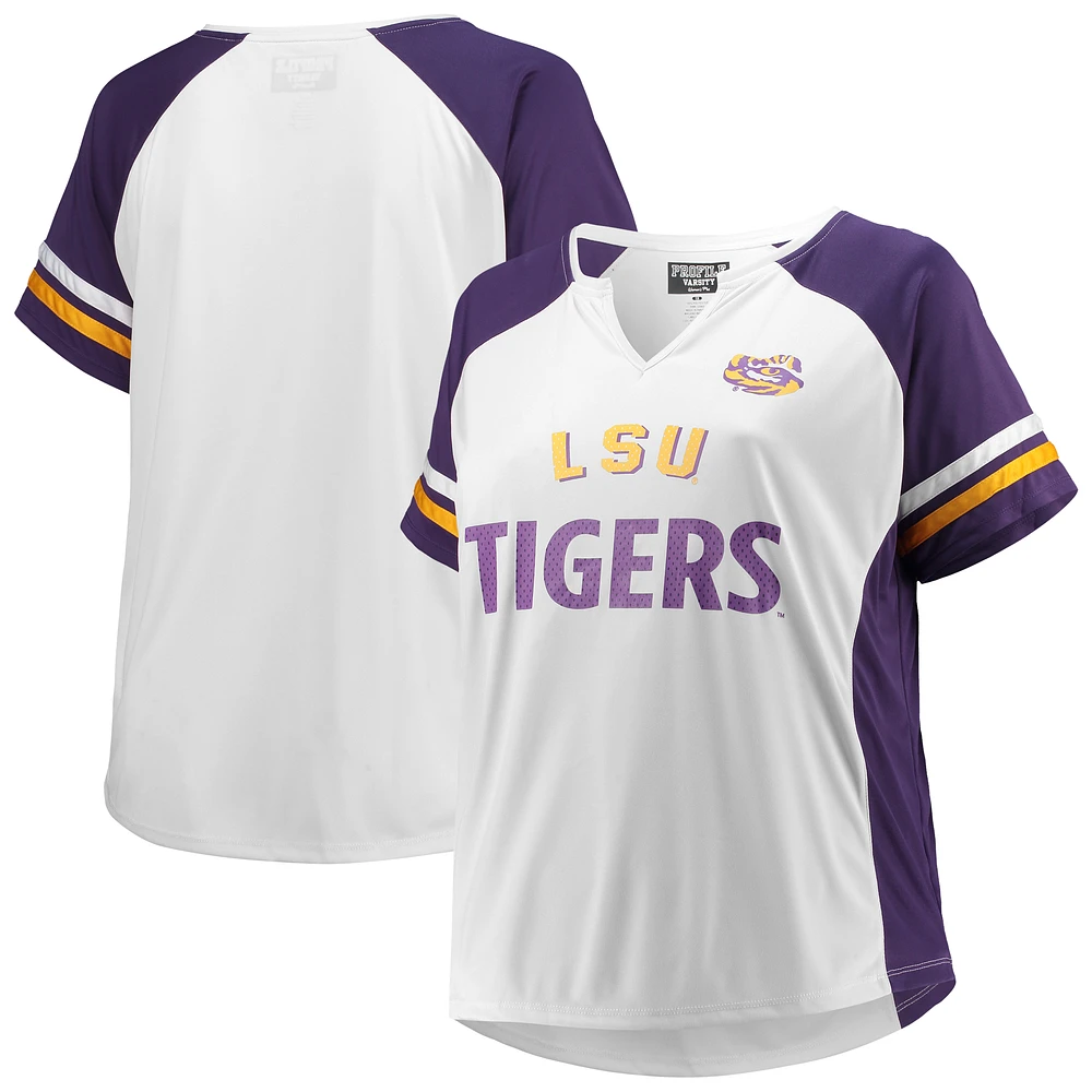 Women's White LSU Tigers Plus Size Stripe Raglan Notch Neck T-Shirt