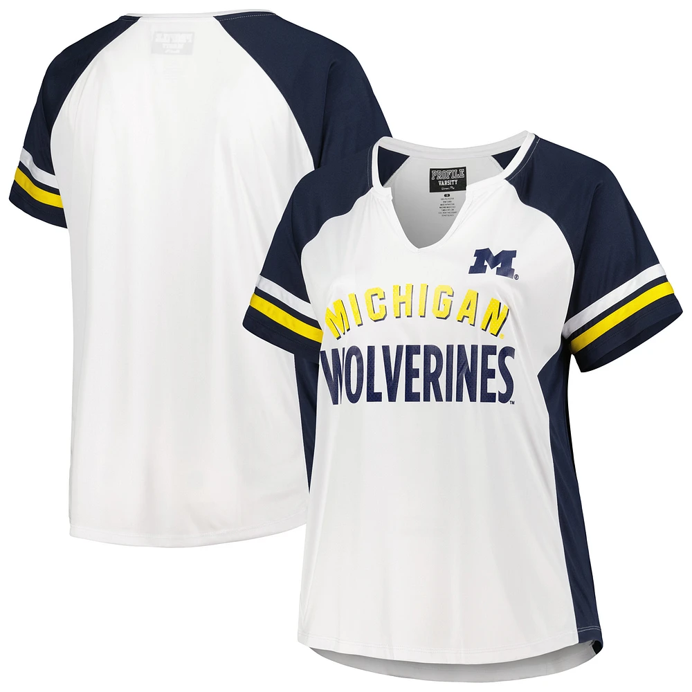 Women's White Michigan Wolverines Plus Stripe Raglan Notch Neck T-Shirt