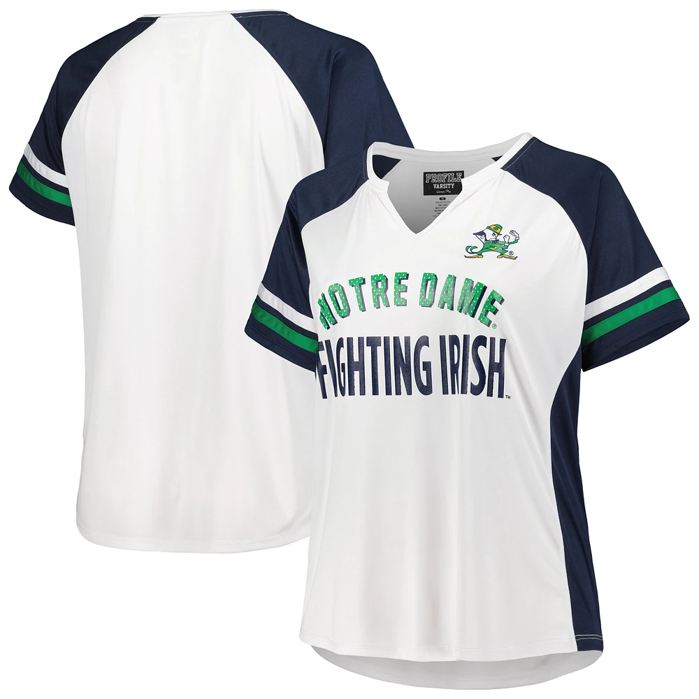 Women's White Notre Dame Fighting Irish Plus Stripe Raglan Notch Neck T-Shirt