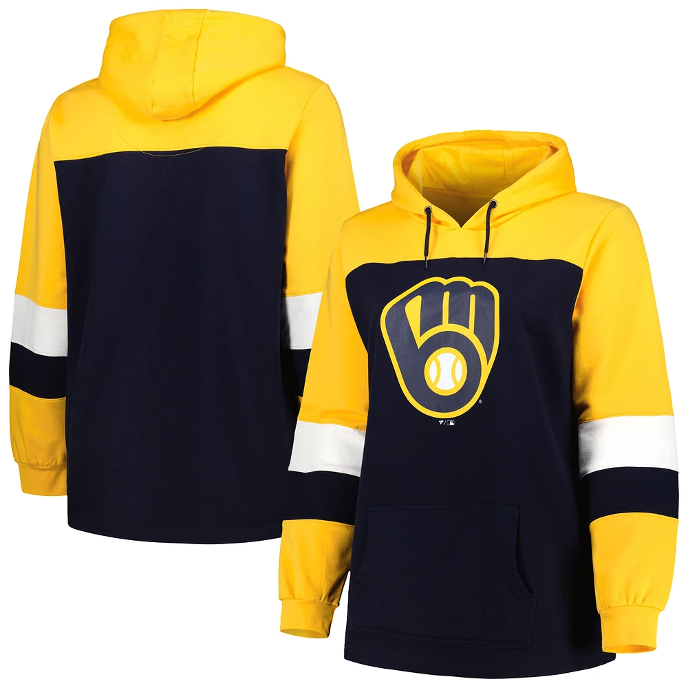 Women's Navy Milwaukee Brewers Plus Colorblock Pullover Hoodie