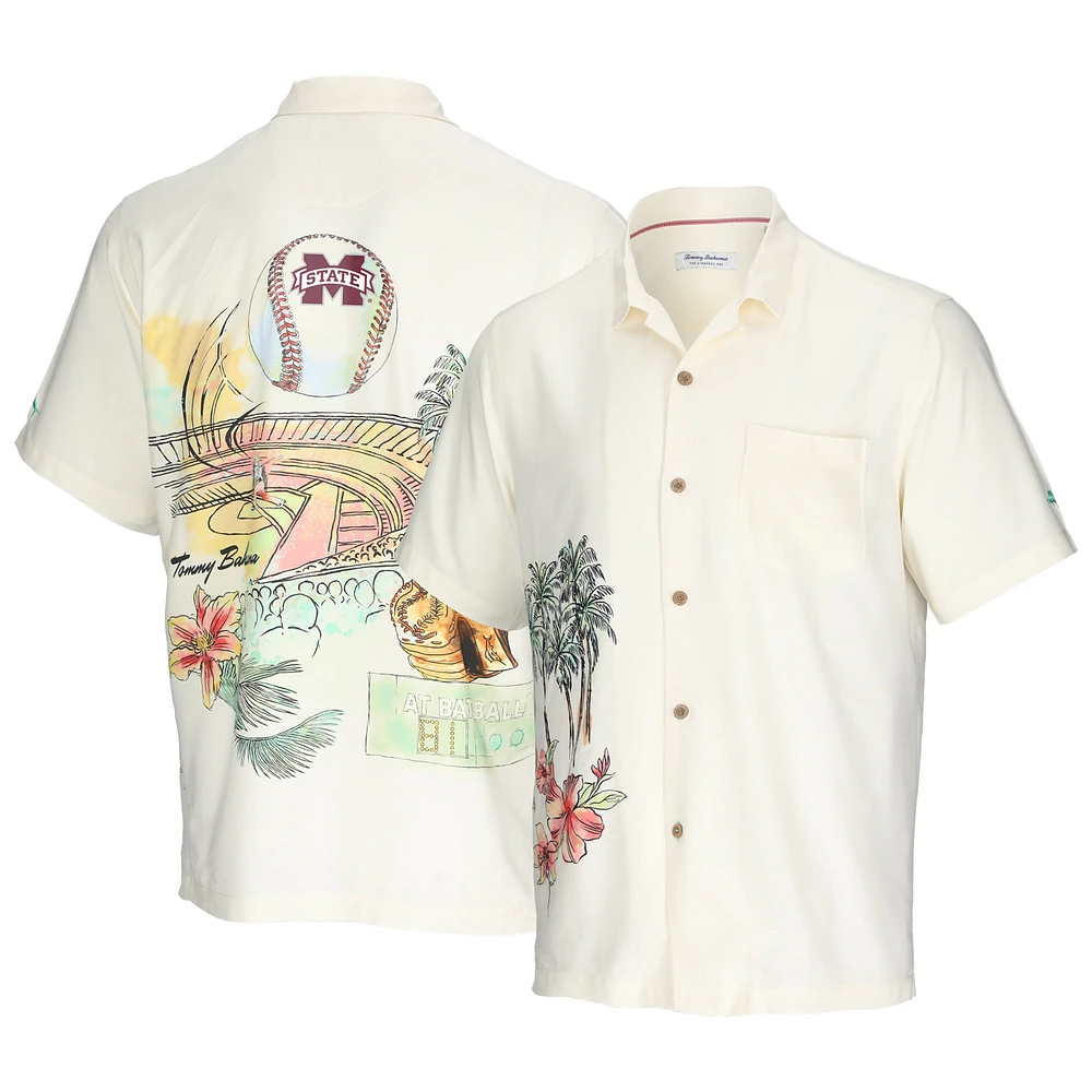 Men's Tommy Bahama Cream Mississippi State Bulldogs Paradise Fly Ball Camp Button-Up Shirt