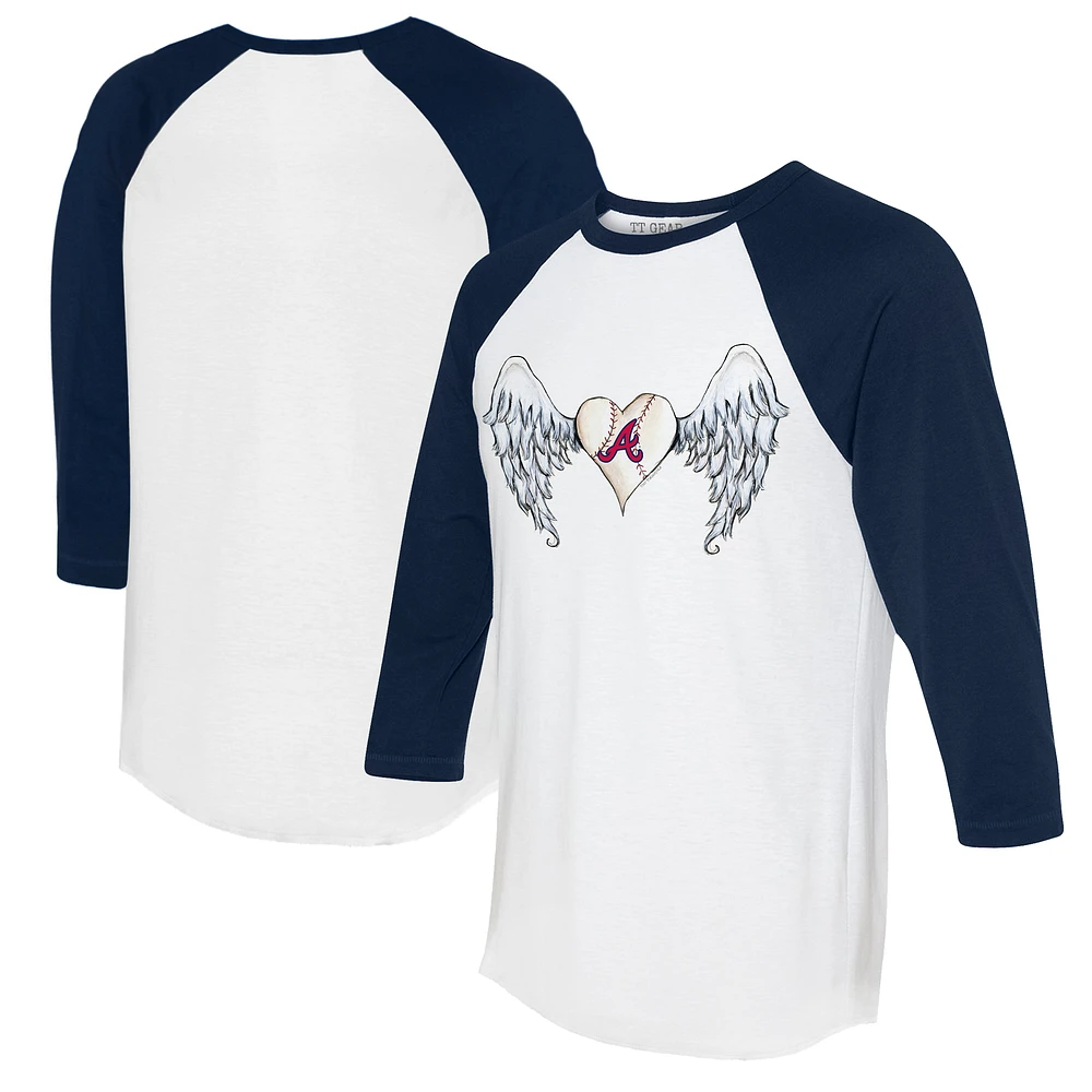 Women's Tiny Turnip White/Navy Atlanta Braves Angel Wings 3/4-Sleeve Raglan T-Shirt