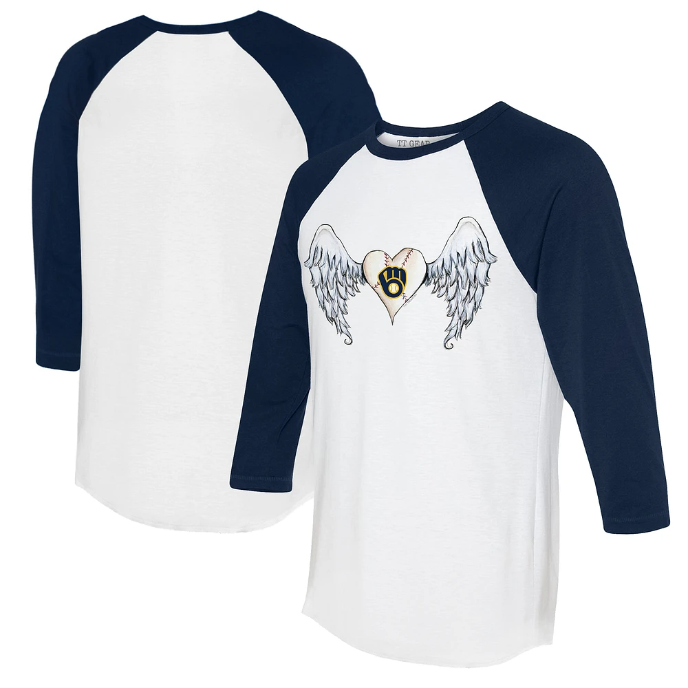 Women's Tiny Turnip White/Navy Milwaukee Brewers Angel Wings 3/4-Sleeve Raglan T-Shirt