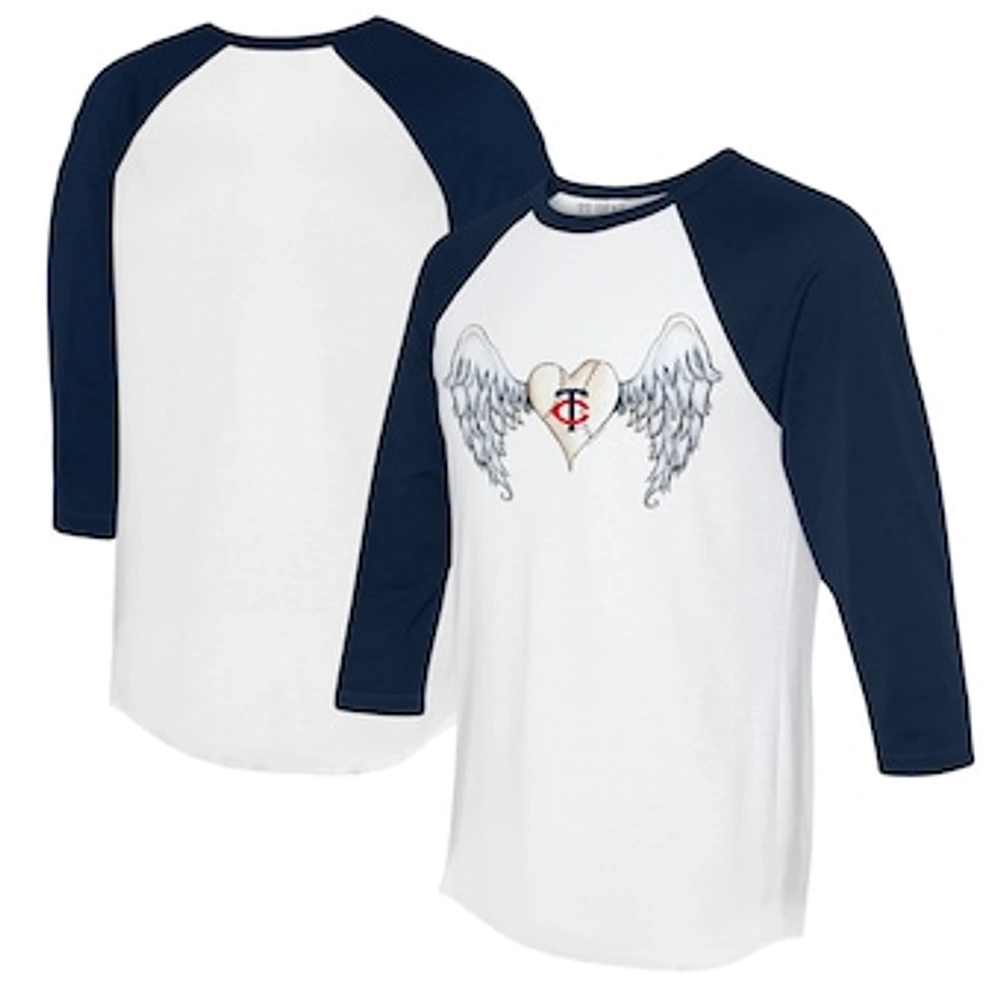 Women's Tiny Turnip White/Navy Minnesota Twins Angel Wings 3/4-Sleeve Raglan T-Shirt