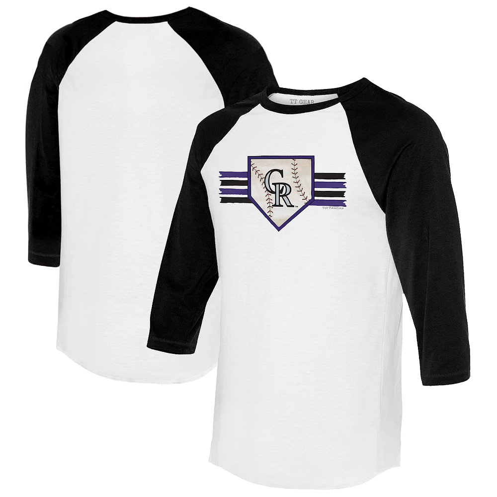 Women's Tiny Turnip White/Black Colorado Rockies Base Stripe 3/4-Sleeve Raglan T-Shirt