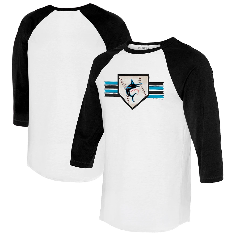 Women's Tiny Turnip White/Black Miami Marlins Base Stripe 3/4-Sleeve Raglan T-Shirt