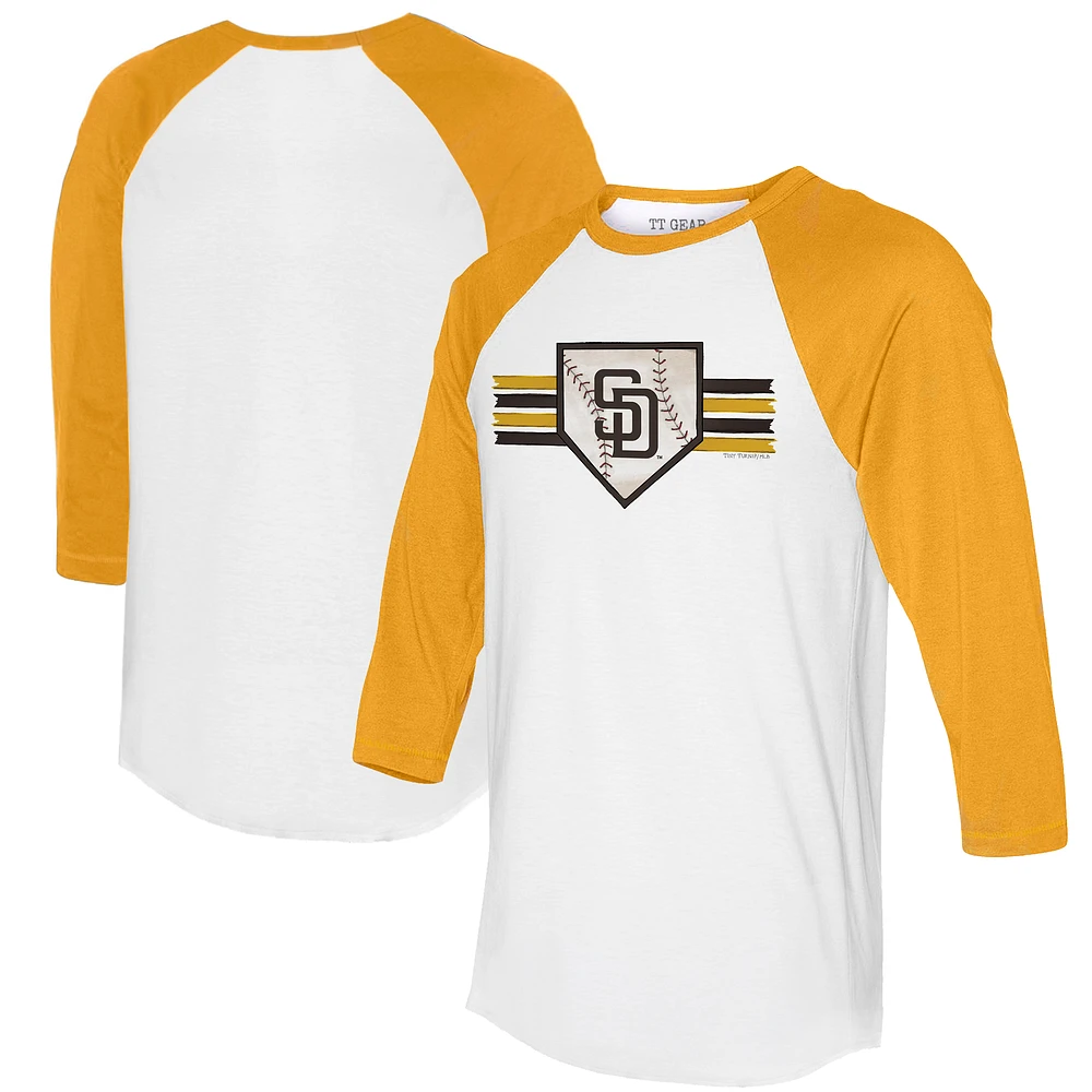 Women's Tiny Turnip White/Gold San Diego Padres Base Stripe 3/4-Sleeve Raglan T-Shirt