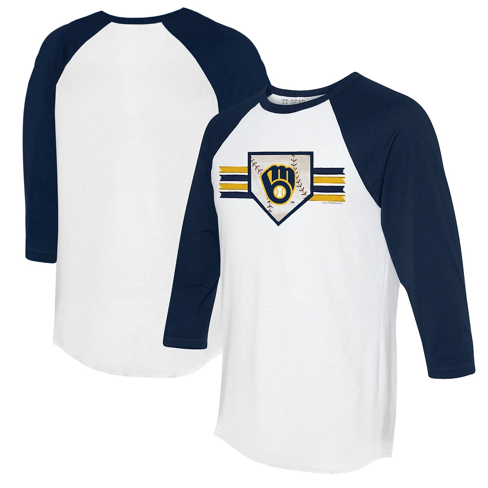 Women's Tiny Turnip White/Navy Milwaukee Brewers Base Stripe 3/4-Sleeve Raglan T-Shirt