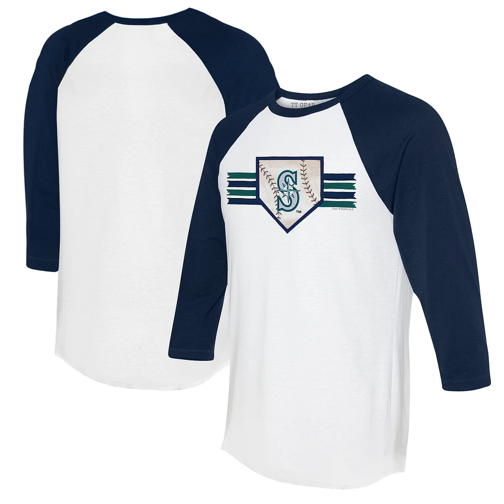 Women's Tiny Turnip White/Navy Seattle Mariners Base Stripe 3/4-Sleeve Raglan T-Shirt