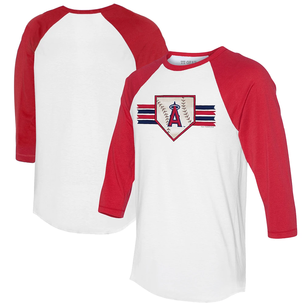 Women's Tiny Turnip White/Red Los Angeles Angels Base Stripe 3/4-Sleeve Raglan T-Shirt