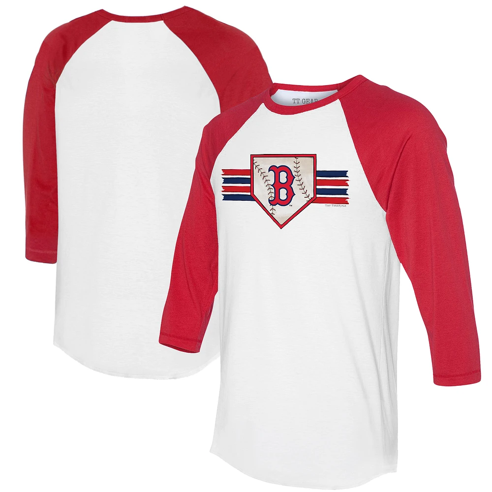Women's Tiny Turnip White/Red Boston Red Sox Base Stripe 3/4-Sleeve Raglan T-Shirt