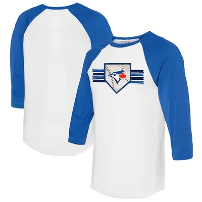 Women's Tiny Turnip White/Royal Toronto Blue Jays Base Stripe 3/4-Sleeve Raglan T-Shirt