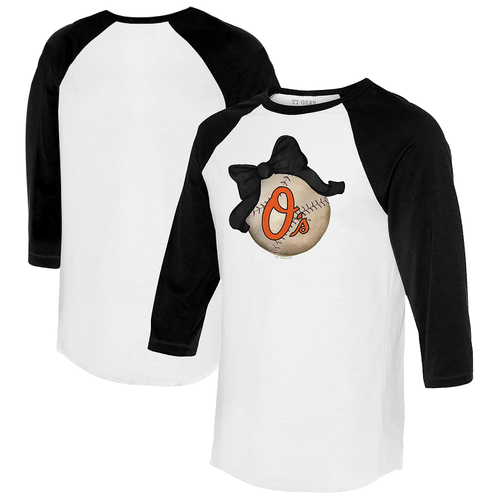 Women's Tiny Turnip White/Black Baltimore Orioles Baseball Bow 3/4-Sleeve Raglan T-Shirt