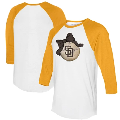 Women's Tiny Turnip White/Gold San Diego Padres Baseball Bow 3/4-Sleeve Raglan T-Shirt
