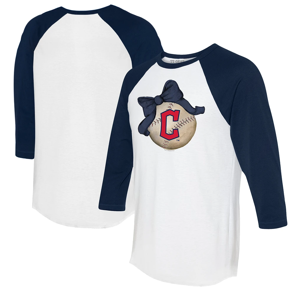 Women's Tiny Turnip White/Navy Cleveland Guardians Baseball Bow 3/4-Sleeve Raglan T-Shirt