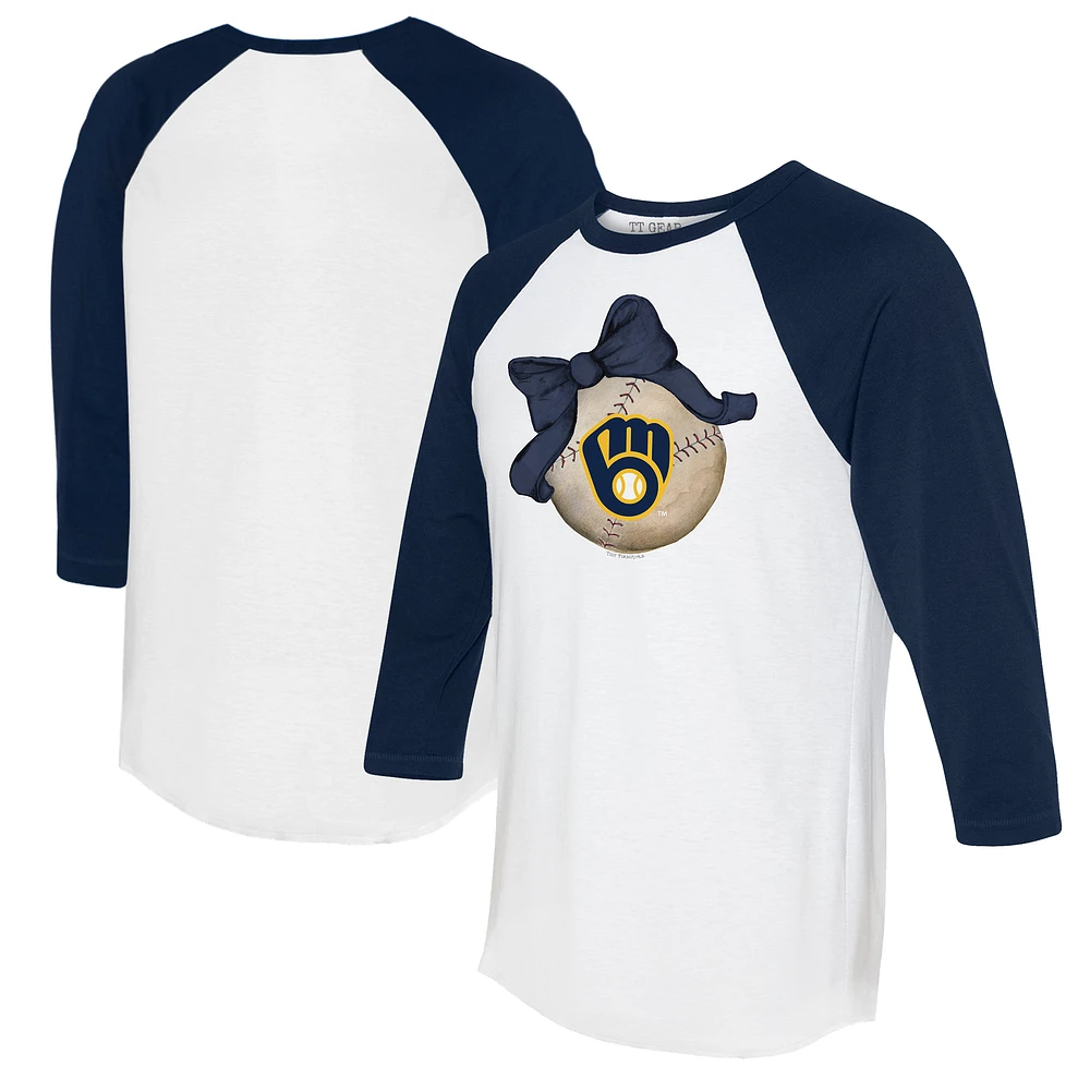 Women's Tiny Turnip White/Navy Milwaukee Brewers Baseball Bow 3/4-Sleeve Raglan T-Shirt