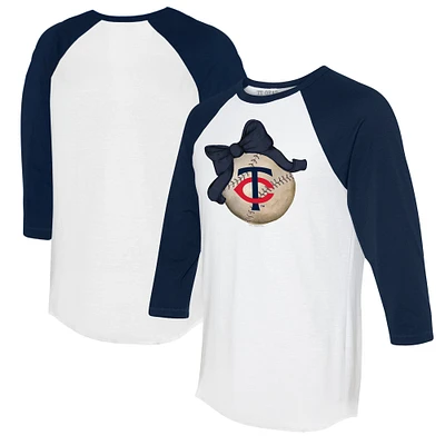 Women's Tiny Turnip White/Navy Minnesota Twins Baseball Bow 3/4-Sleeve Raglan T-Shirt