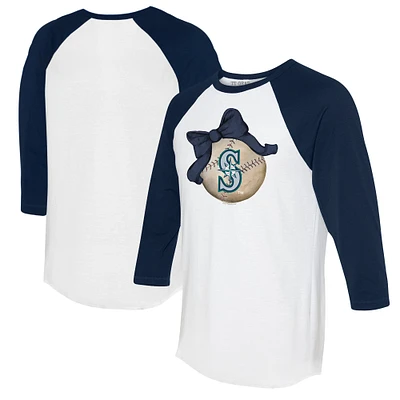 Women's Tiny Turnip White/Navy Seattle Mariners Baseball Bow 3/4-Sleeve Raglan T-Shirt