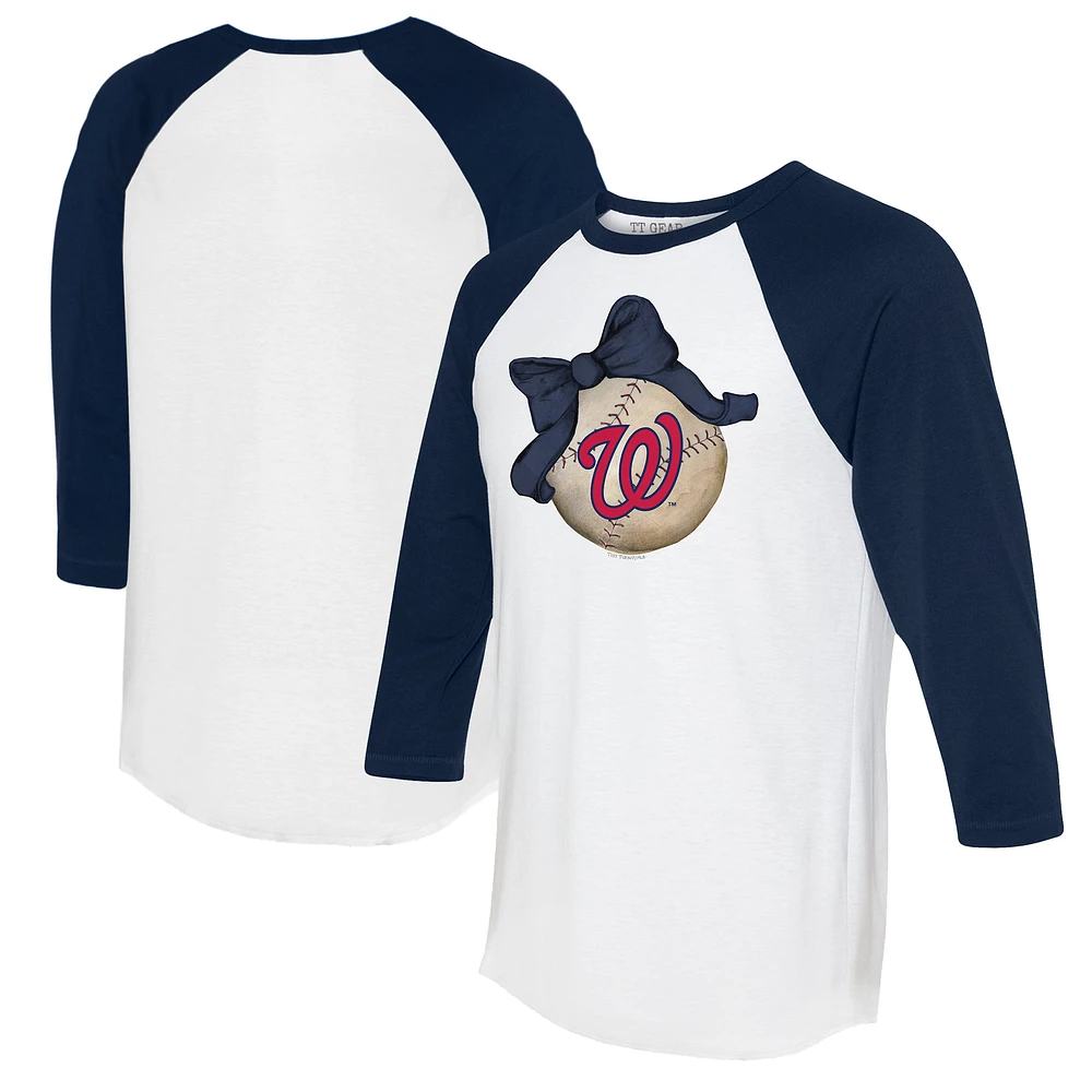 Women's Tiny Turnip White/Navy Washington Nationals Baseball Bow 3/4-Sleeve Raglan T-Shirt