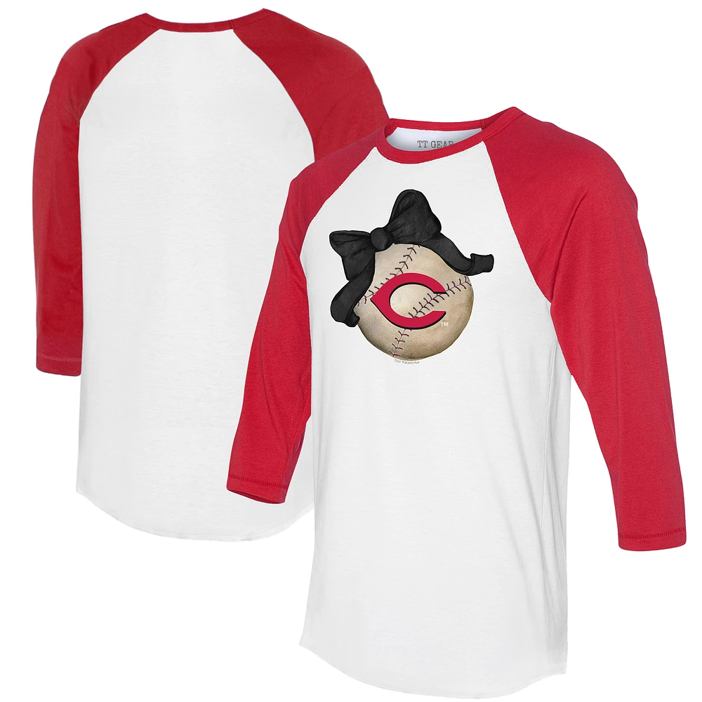 Women's Tiny Turnip White/Red Cincinnati Reds Baseball Bow 3/4-Sleeve Raglan T-Shirt