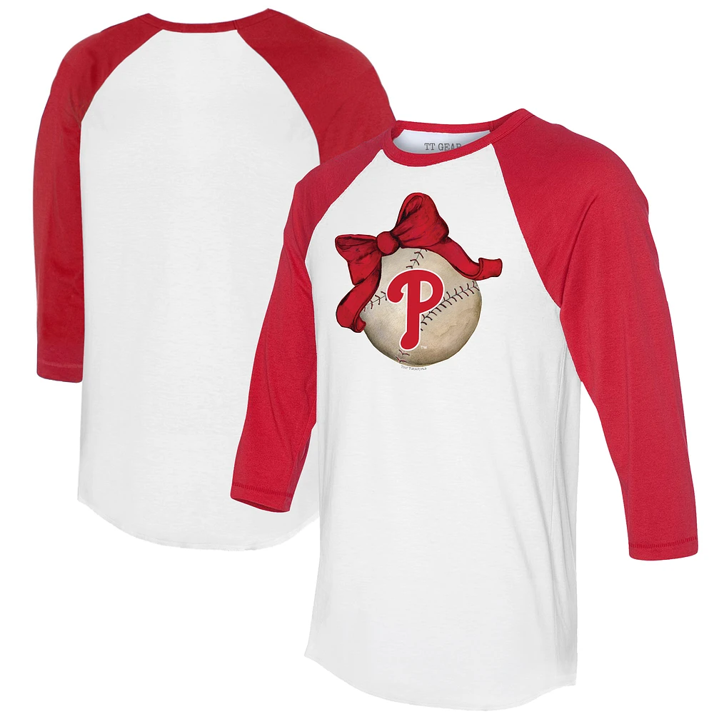 Women's Tiny Turnip White/Red Philadelphia Phillies Baseball Bow 3/4-Sleeve Raglan T-Shirt