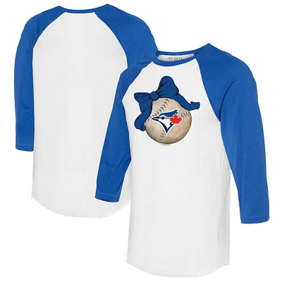 Women's Tiny Turnip White/Royal Toronto Blue Jays Baseball Bow 3/4-Sleeve Raglan T-Shirt
