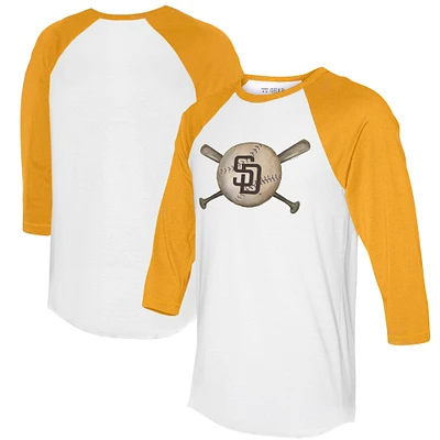 Women's Tiny Turnip White/Gold San Diego Padres Baseball Cross Bats 3/4-Sleeve Raglan T-Shirt