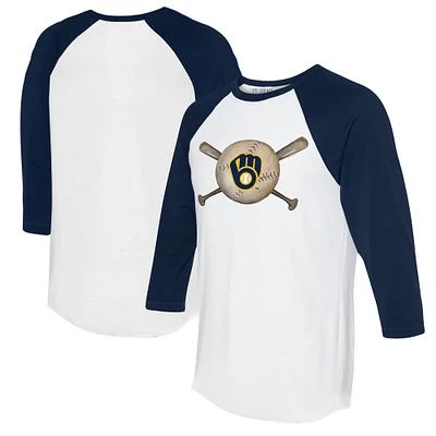 Women's Tiny Turnip White/Navy Milwaukee Brewers Baseball Cross Bats 3/4-Sleeve Raglan T-Shirt