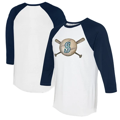 Women's Tiny Turnip White/Navy Seattle Mariners Baseball Cross Bats 3/4-Sleeve Raglan T-Shirt