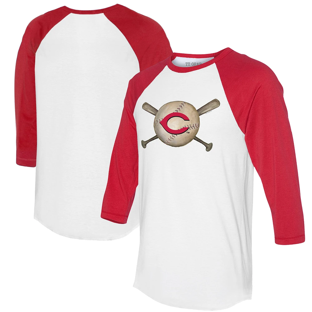 Women's Tiny Turnip White/Red Cincinnati Reds Baseball Cross Bats 3/4-Sleeve Raglan T-Shirt