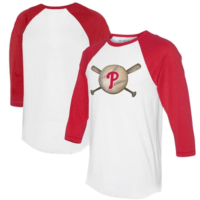 Women's Tiny Turnip White/Red Philadelphia Phillies Baseball Cross Bats 3/4-Sleeve Raglan T-Shirt