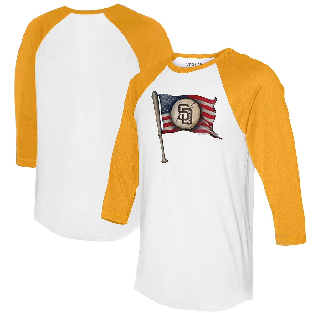 Women's Tiny Turnip White/Gold San Diego Padres Baseball Flag 3/4-Sleeve Raglan T-Shirt