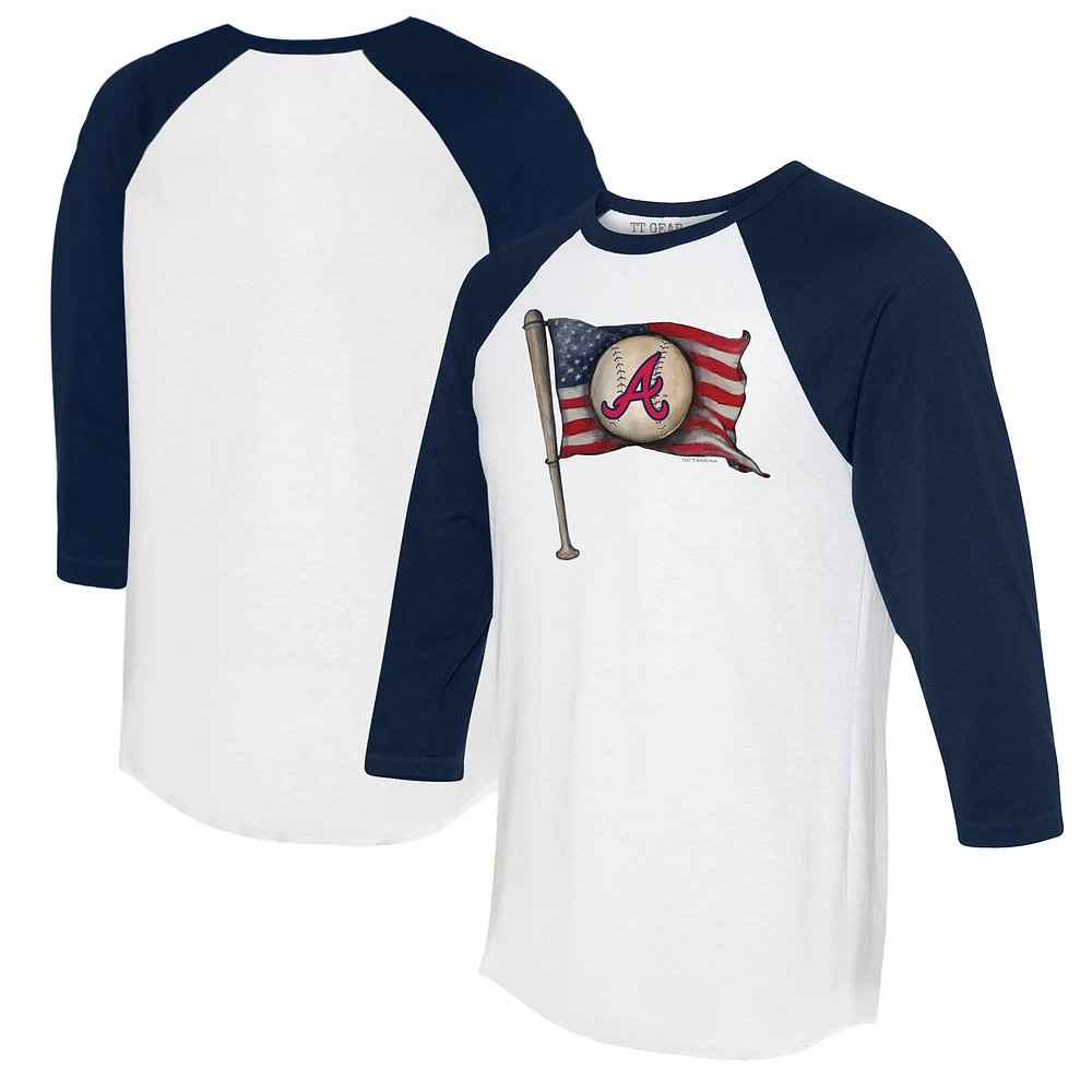 Women's Tiny Turnip White/Navy Atlanta Braves Baseball Flag 3/4-Sleeve Raglan T-Shirt