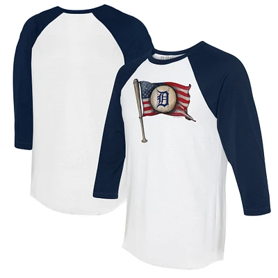 Women's Tiny Turnip White/Navy Detroit Tigers Baseball Flag 3/4-Sleeve Raglan T-Shirt