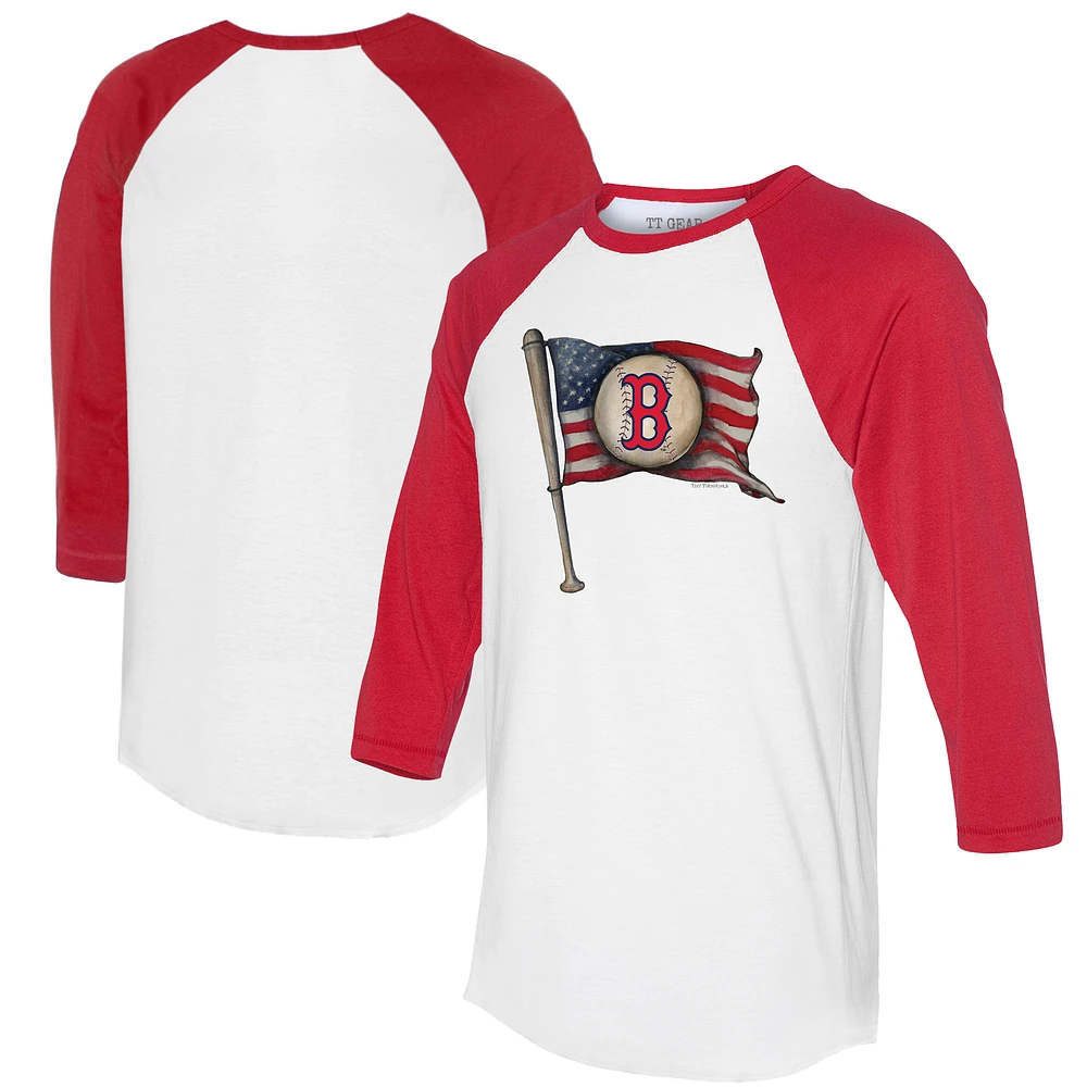 Women's Tiny Turnip White/Red Boston Red Sox Baseball Flag 3/4-Sleeve Raglan T-Shirt