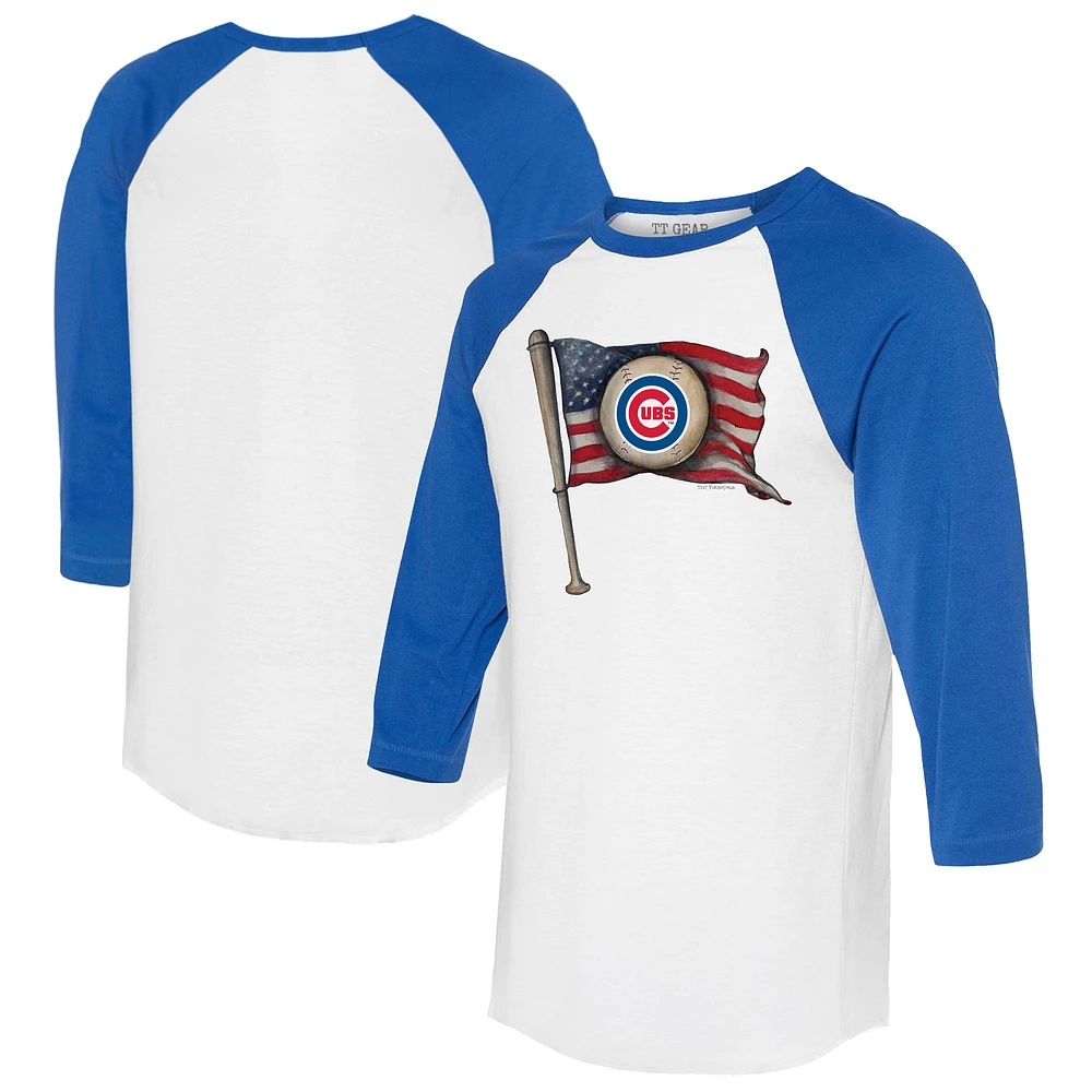 Women's Tiny Turnip White/Royal Chicago Cubs Baseball Flag 3/4-Sleeve Raglan T-Shirt