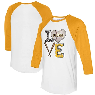 Women's Tiny Turnip White/Gold San Diego Padres Baseball Love Raglan 3/4-Sleeve T-Shirt