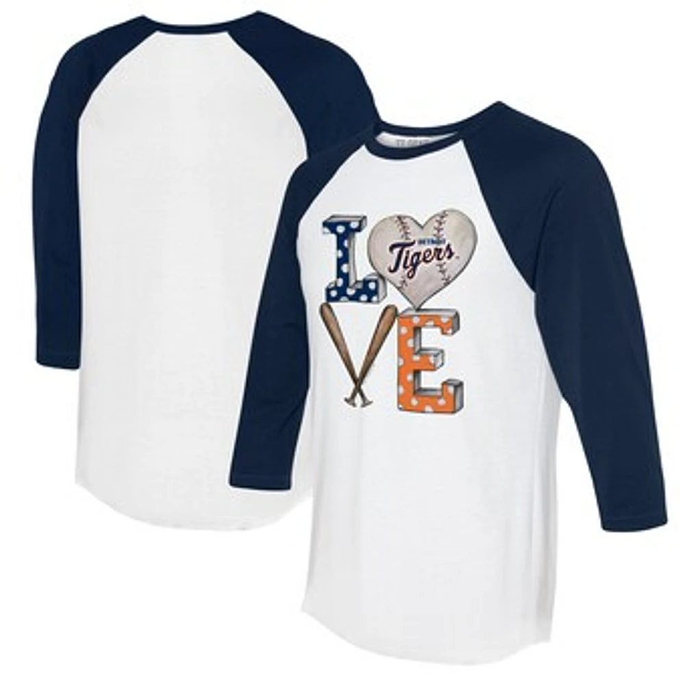 Women's Tiny Turnip White/Navy Detroit Tigers Baseball Love Raglan 3/4-Sleeve T-Shirt