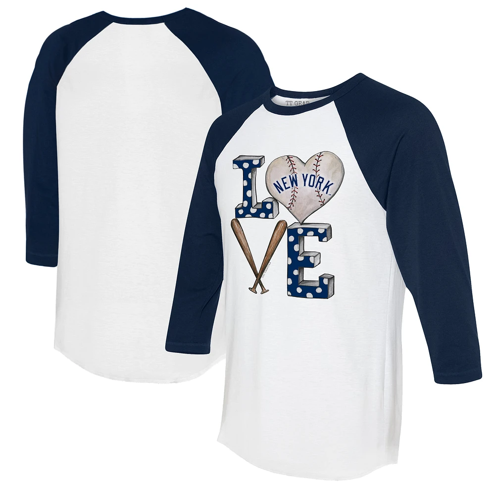 Women's Tiny Turnip White/Navy New York Yankees Baseball Love Raglan 3/4-Sleeve T-Shirt