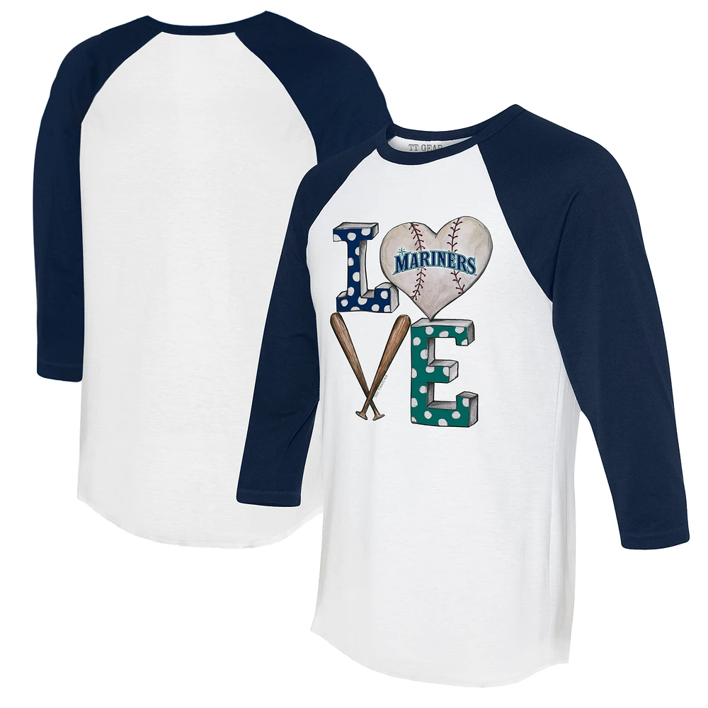 Women's Tiny Turnip White/Navy Seattle Mariners Baseball Love Raglan 3/4-Sleeve T-Shirt