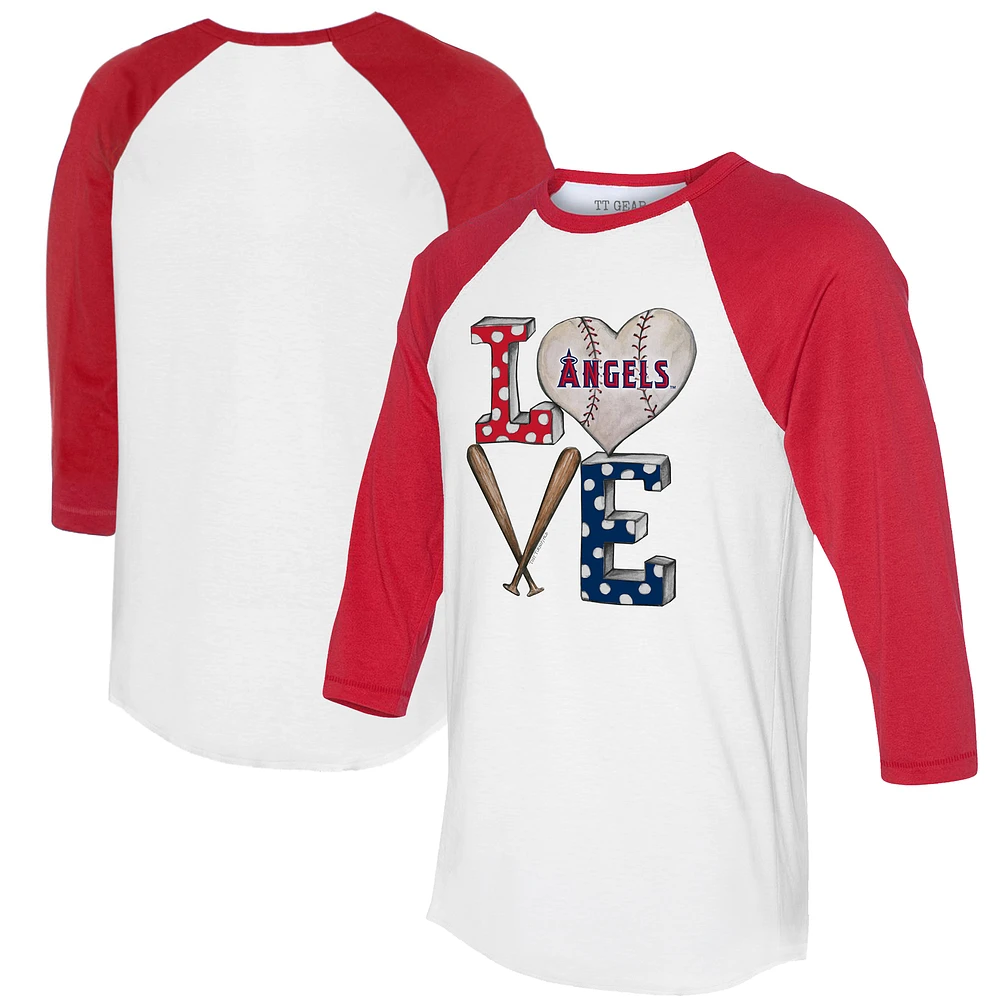 Women's Tiny Turnip White/Red Los Angeles Angels Baseball Love Raglan 3/4-Sleeve T-Shirt