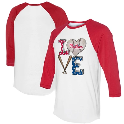 Women's Tiny Turnip White/Red Philadelphia Phillies Baseball Love Raglan 3/4-Sleeve T-Shirt