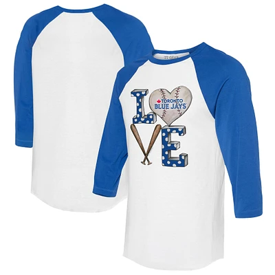Women's Tiny Turnip White/Royal Toronto Blue Jays Baseball Love Raglan 3/4-Sleeve T-Shirt